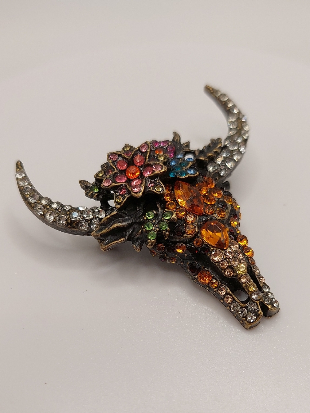 Crystal Embellished Bull Skull Necklace in Amber and Multicolor Rhinestones